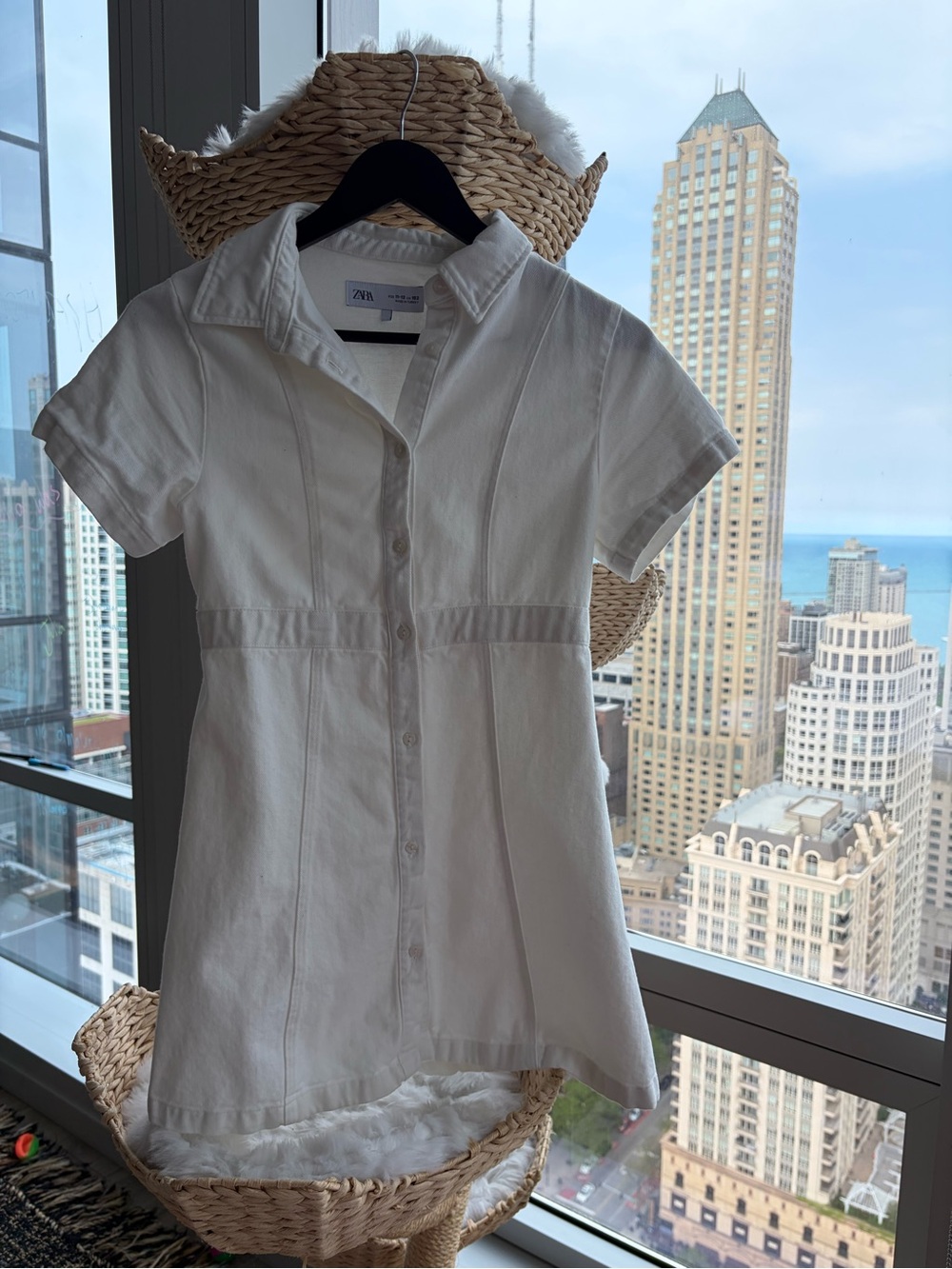 Zara White Denim Short Sleeve Button-Front Dress